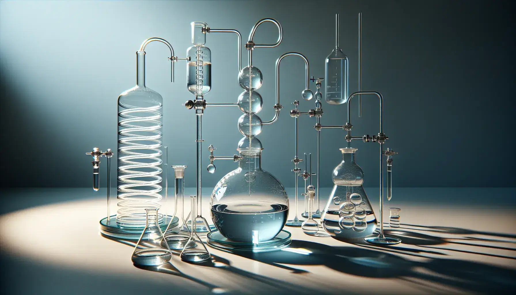 Equipo de destilación de laboratorio con matraz de fondo redondo, columna fraccionadora y condensador en espiral sobre superficie clara.