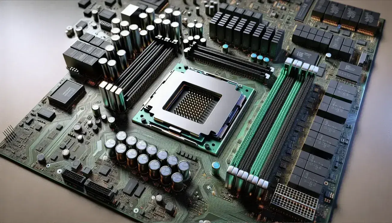 Close-up of a motherboard with an empty CPU socket, RAM slot with a memory inserted and PCI Express expansion slot.