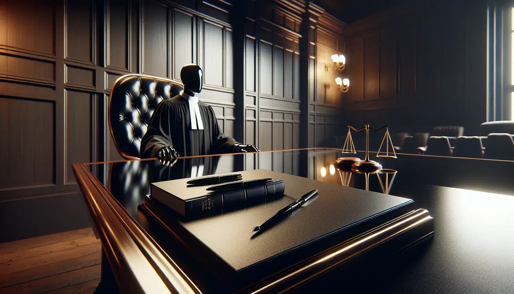 Courtroom with a modern wooden table, legal documents, black fountain pens, and a robed judge seated in a high-backed chair, beside a brass flag stand.
