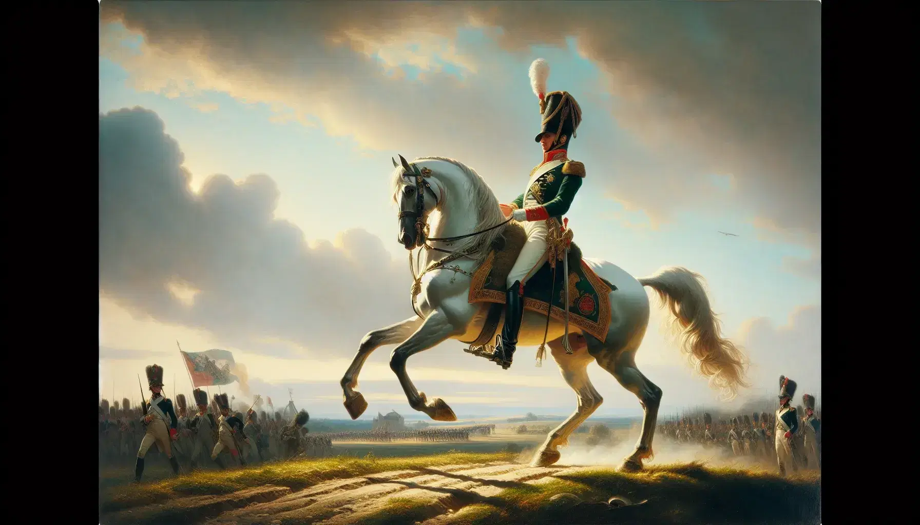 Generale militare europeo storico a cavallo bianco in uniforme verde scuro con dettagli rossi e oro, attraversa paesaggio campestre francese.