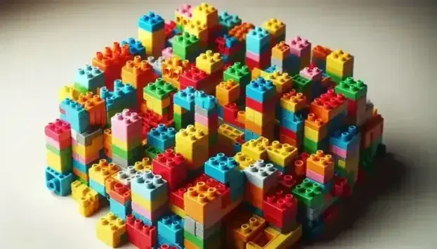 Bloques de construcción de plástico coloridos entrelazados formando una estructura tridimensional con variedad de formas y colores vivos, en un fondo neutro.