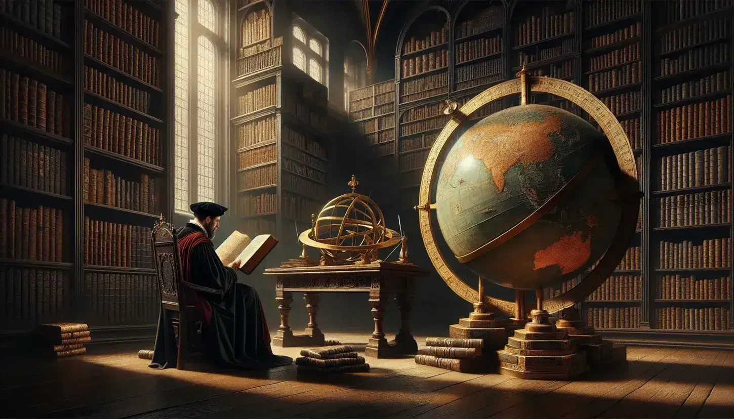 Biblioteca rinascimentale con uomo in toga rossa che legge, tavolo con globo terrestre, astrolabe in ottone e fogli con disegni.