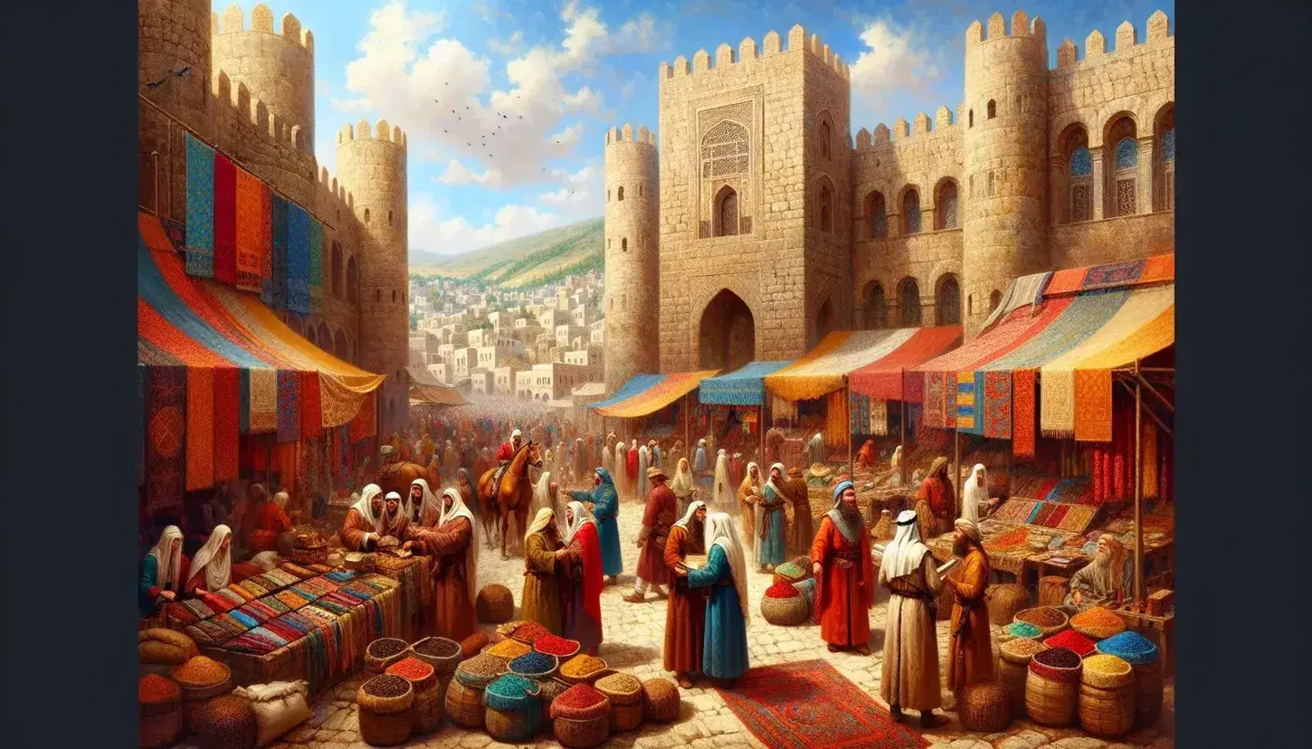 Mercato medievale in città murata con persone in abiti d'epoca, bancarelle di stoffe e spezie, torri di pietra, tetti rossi e colline verdi.