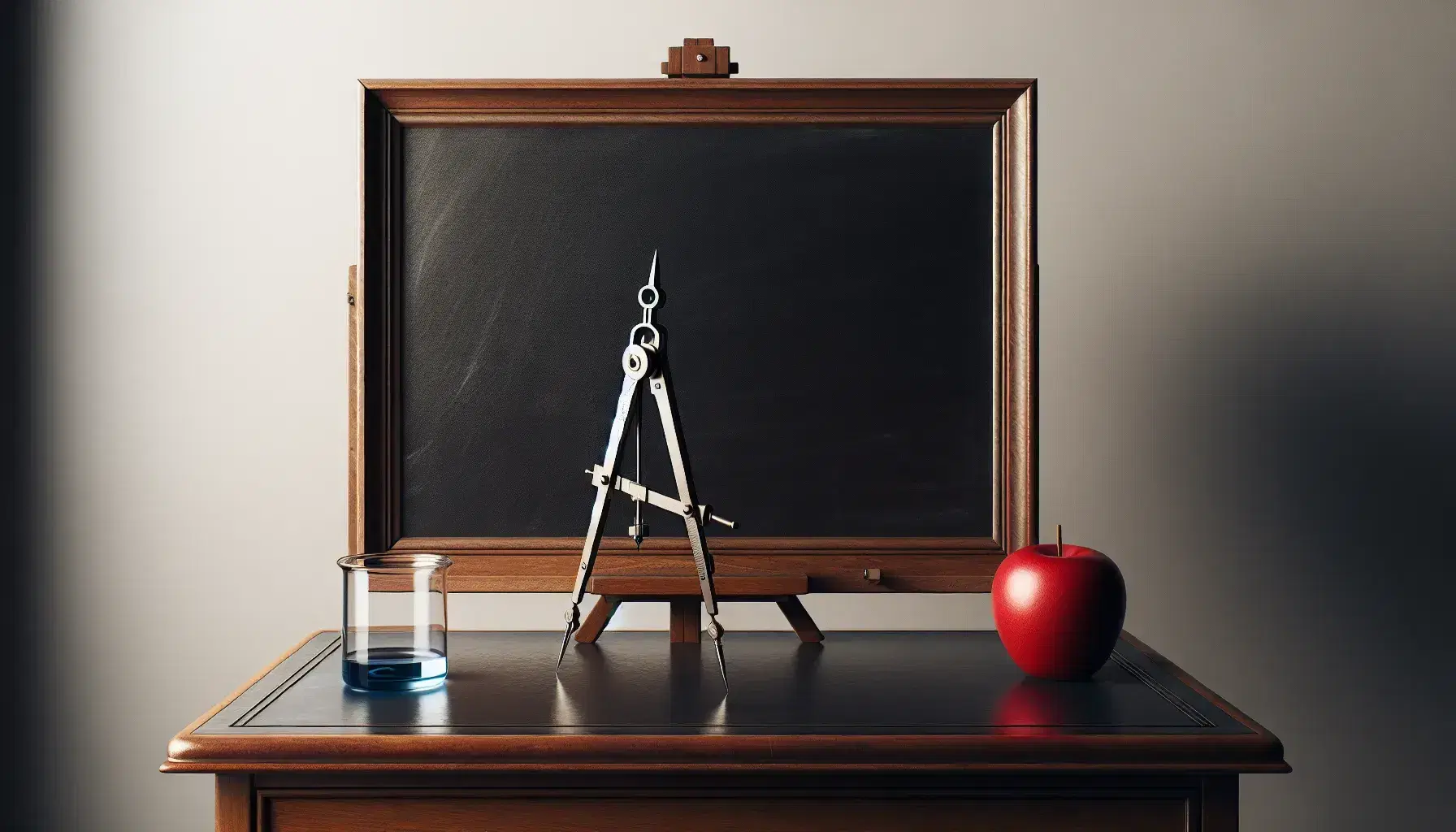 Blackboard on a tripod easel with a clean surface, wooden desk with a silver compass, shiny red apple, and beaker with blue liquid.