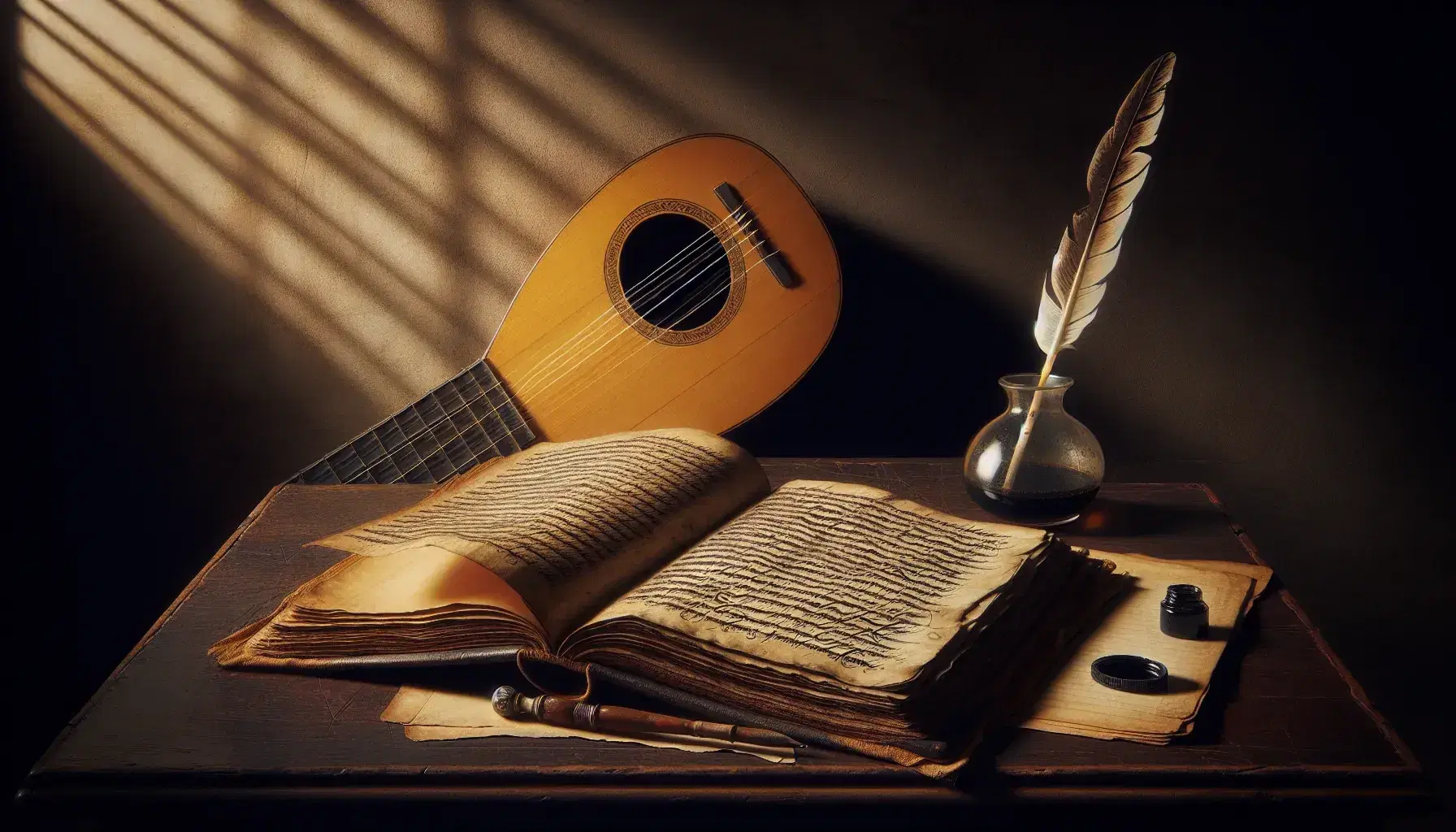 Scrivania in legno scuro con libro antico aperto, penna d'oca e calamaio, e liuto ovale sullo sfondo in ambiente vintage.