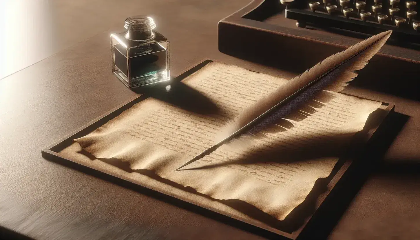 Quill pen and inkwell on vintage parchment paper against a blurred wooden desk background, evoking a historical writing setting.