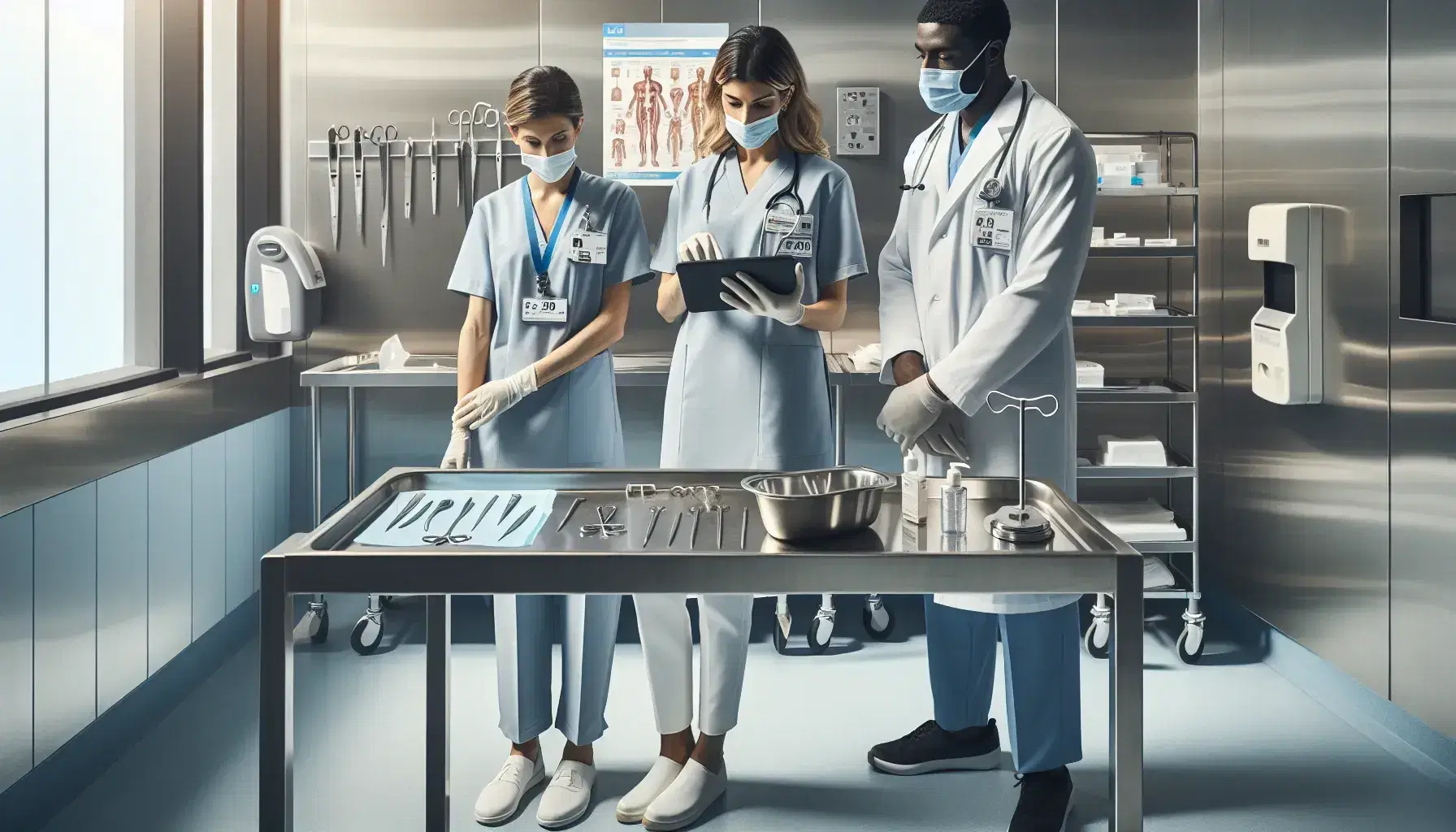 Grupo de profesionales de la salud en clínica con enfermera y doctor revisando datos, mesa con instrumentos médicos y ventana con vista a árboles.