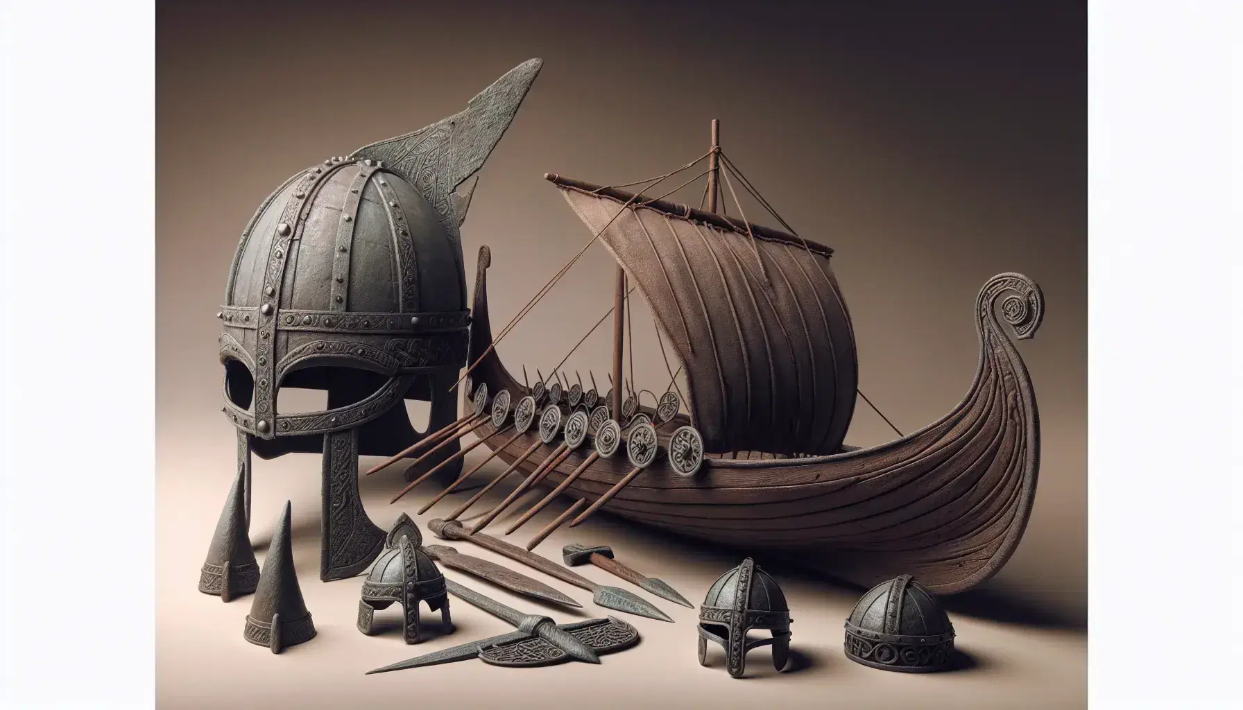 Authentic Viking helmet with nose guard, detailed wooden longship model, trio of iron spearheads, and round shield with iron boss on a neutral background.