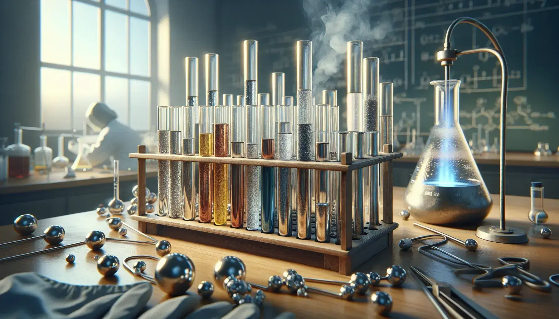 Laboratory with test tubes containing different metal samples in colorless liquid, lit Bunsen burner and safety equipment.