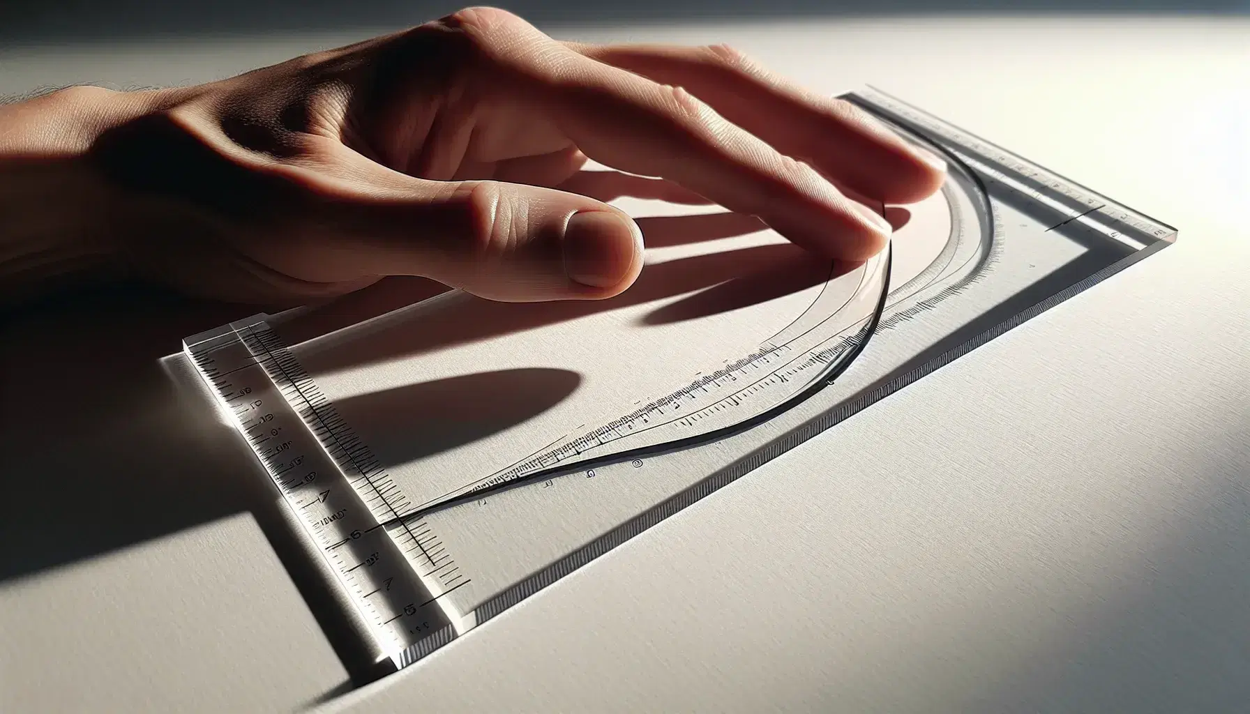 Hand holding a transparent acrylic ruler diagonally over a white paper with a smooth black ink curve, no visible markings or annotations.