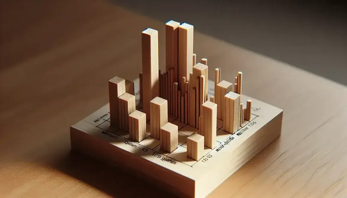 Wooden box plot model displaying minimum, first quartile, median, third quartile, and maximum values with a floating interquartile range rectangle.