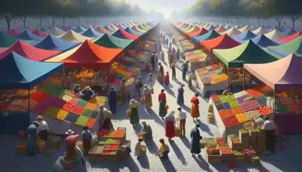 Mercado al aire libre con puestos de frutas y verduras frescas, gente comprando y árboles alrededor en un día soleado.