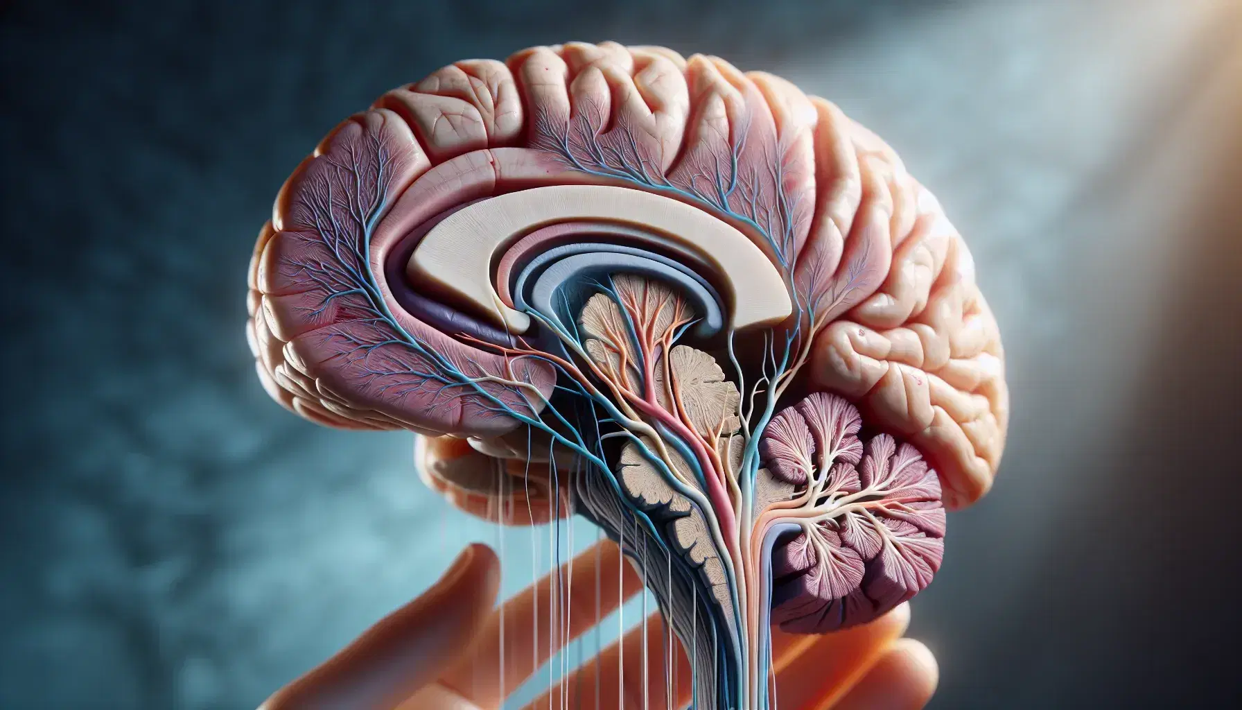Detailed anatomical model of sagittally sectioned human brain with cranial nerves and brainstem, blurred blue background.