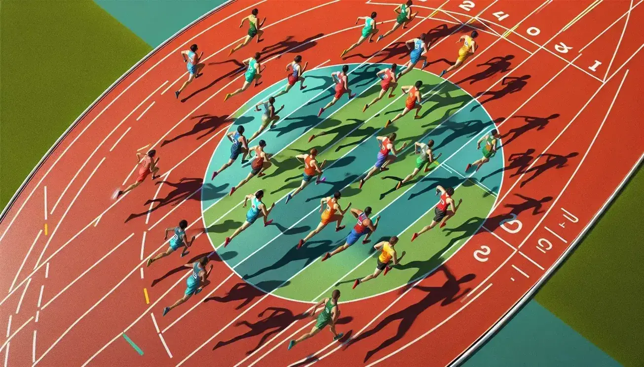 Pista di atletica rossa con corridori in divise colorate in gara, circondata da alberi verdi sotto un cielo azzurro con nuvole sparse.