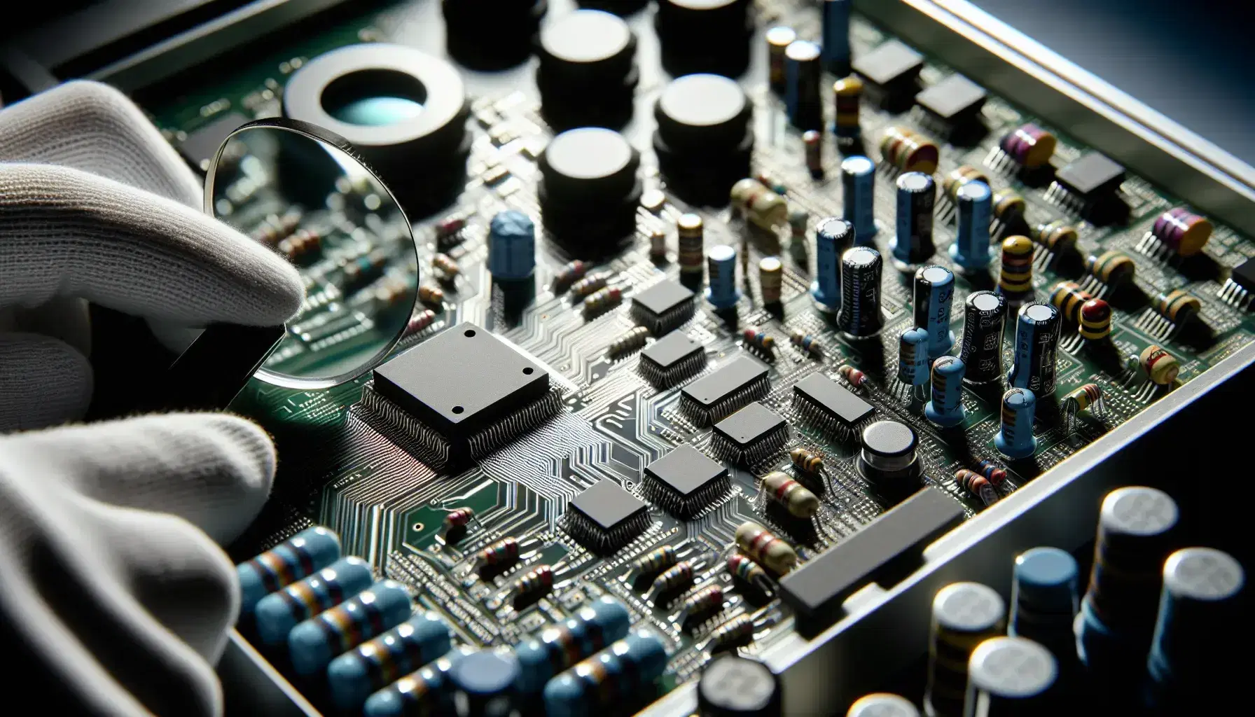 Schede circuiti stampati con microchip e componenti elettronici vari, mano con guanto antistatico e lente d'ingrandimento in sfondo sfocato.