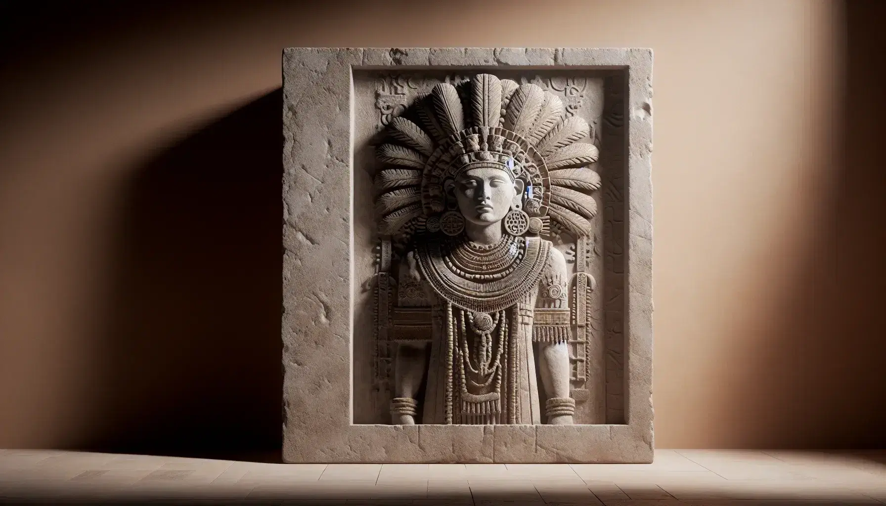 Escultura en relieve de piedra caliza maya de dos metros con figura humana adornada, tocado elaborado y joyería, sobre fondo ocre iluminado desde arriba a la izquierda.