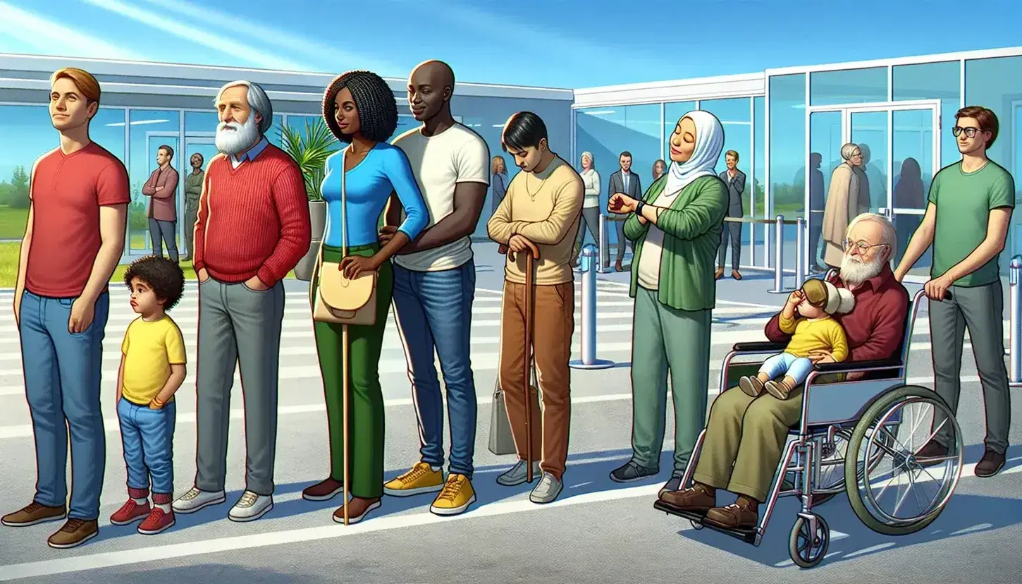 Multi-ethnic group queuing in a modern healthcare facility, woman with child, elderly man with cane, young man with clock and person in wheelchair.