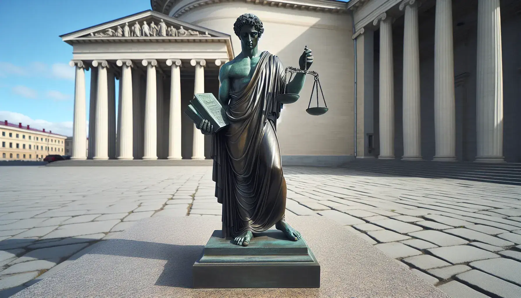 Estatua de bronce de hombre con toga sosteniendo balanza y libro, frente a edificio de columnas, bajo cielo azul despejado.