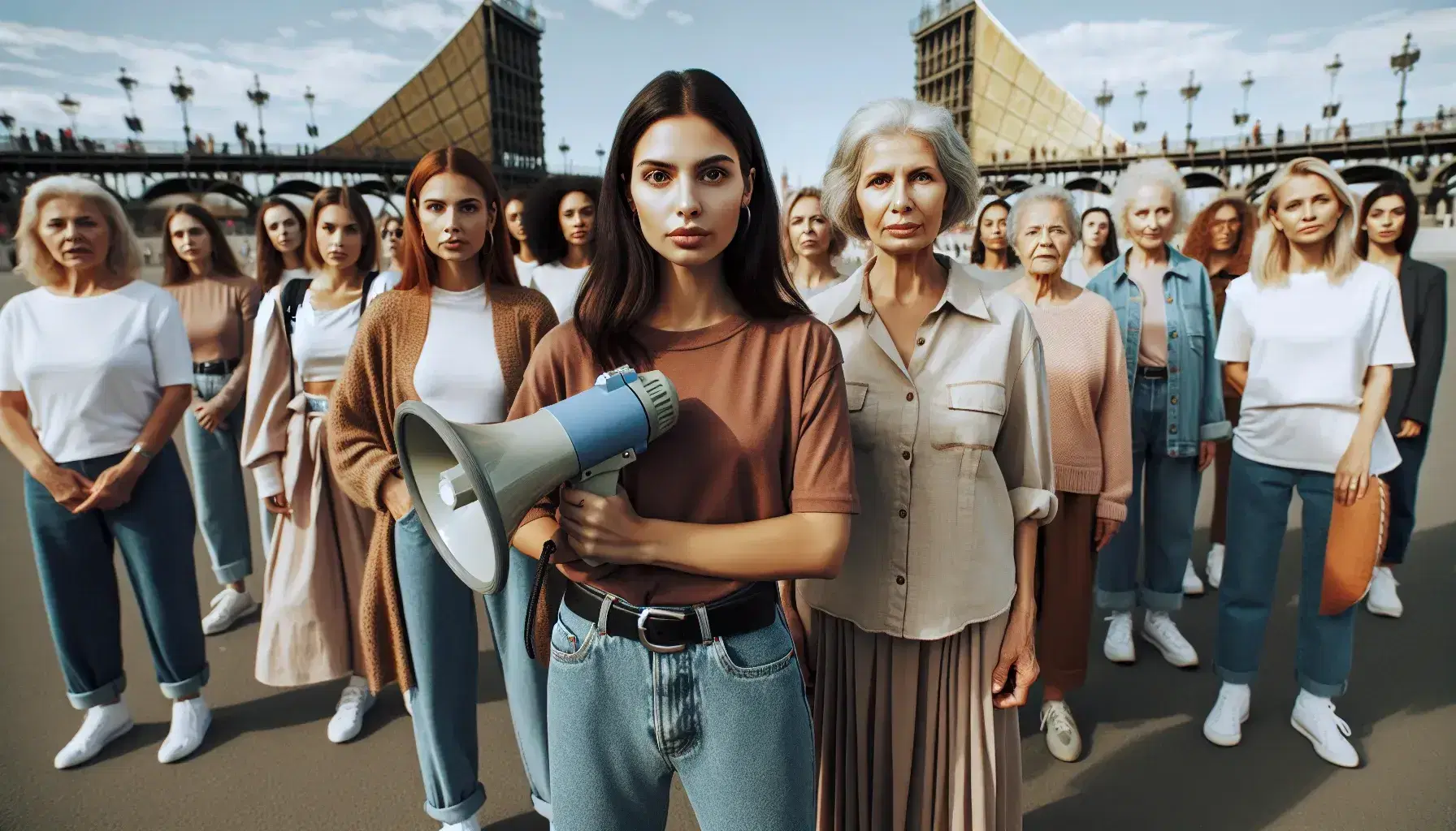 Grupo diverso de mujeres en protesta pacífica bajo cielo azul, con joven de piel morena liderando con megáfono y expresiones serias de determinación.
