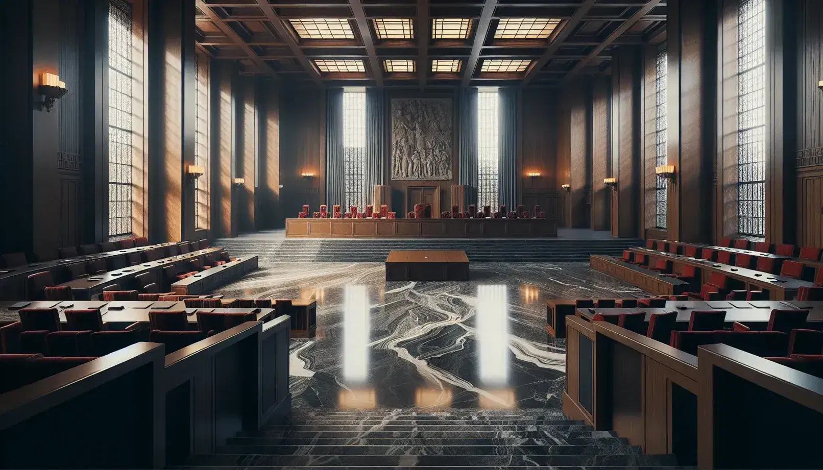 Sala di un edificio governativo con pareti in legno scuro, pavimento in marmo lucido, sedie rosse in velluto e tavolo ovale al centro.
