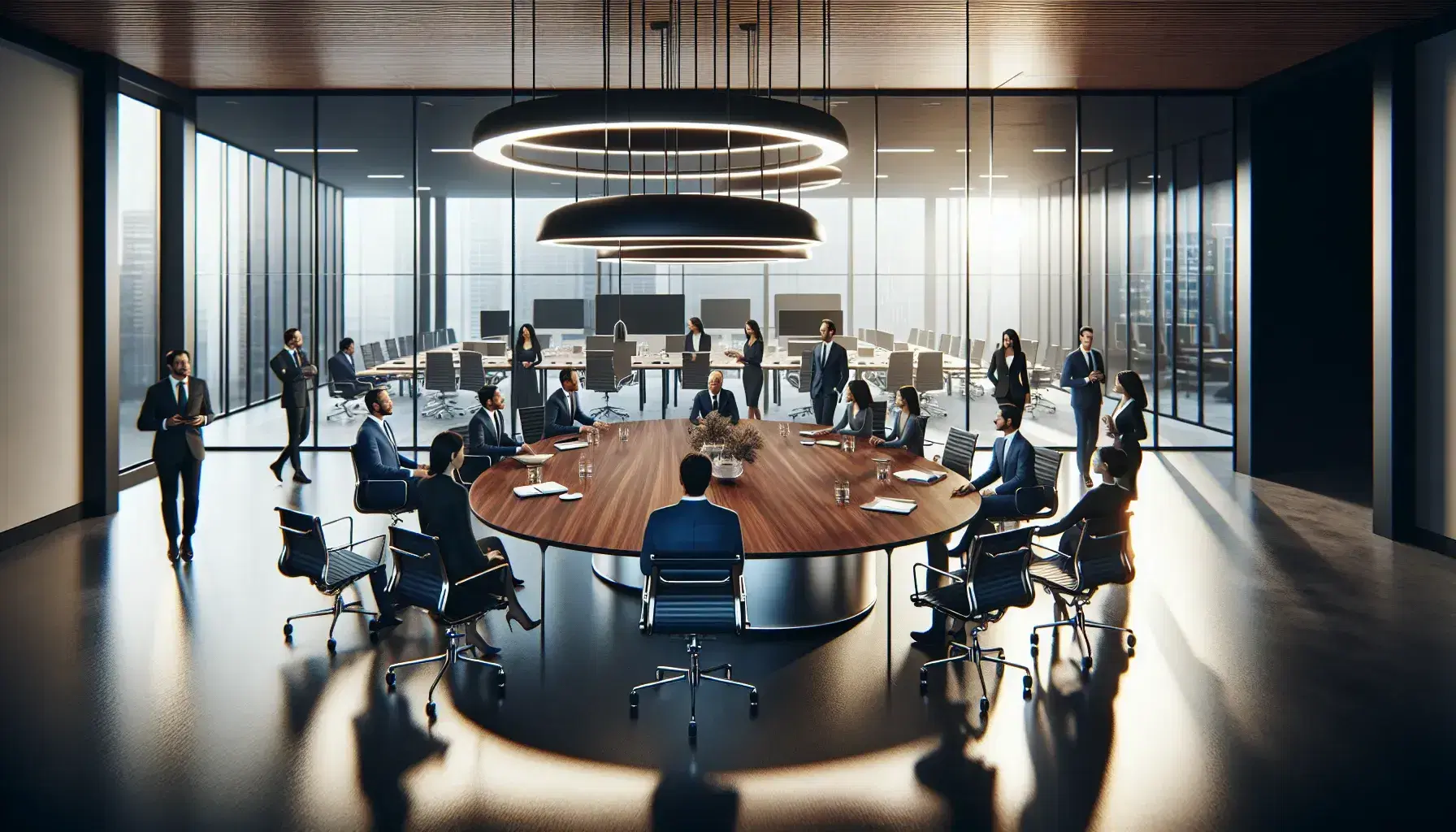 Diverse team engaged in a meeting around an oval wooden table under pendant lights in a modern office with empty workstations and green plants.