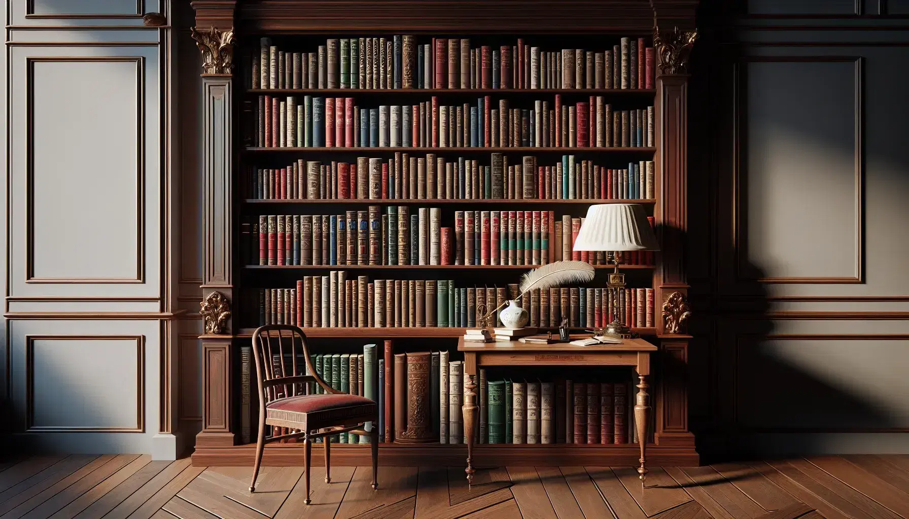 Estantería de madera oscura repleta de libros variados junto a mesa con lámpara y tintero, silla con cojín rojo y ventana al fondo.