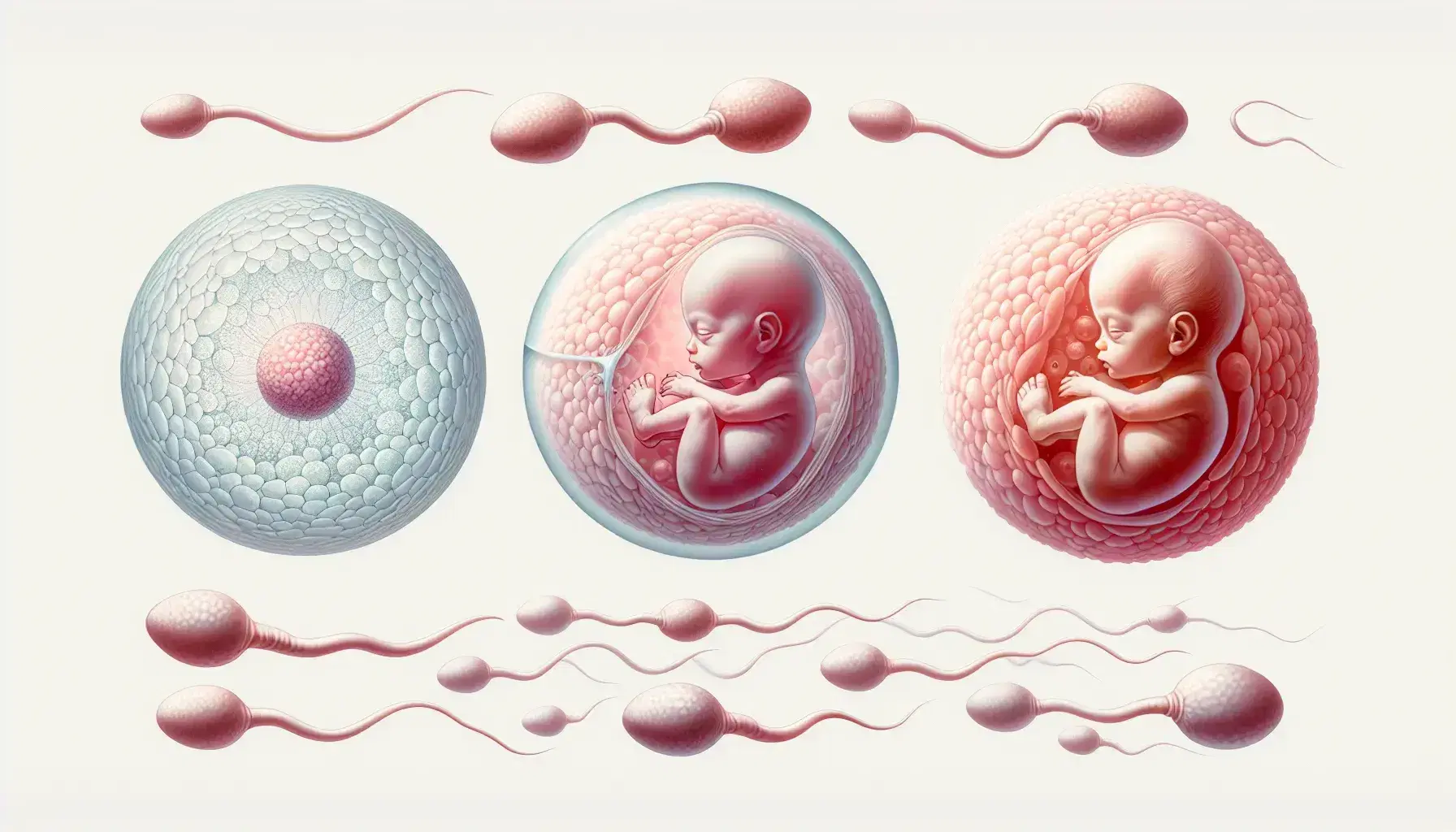 Secuencia de desarrollo embrionario con óvulo rodeado de espermatozoides, embrión multicelular y feto en posición fetal con detalles definidos.