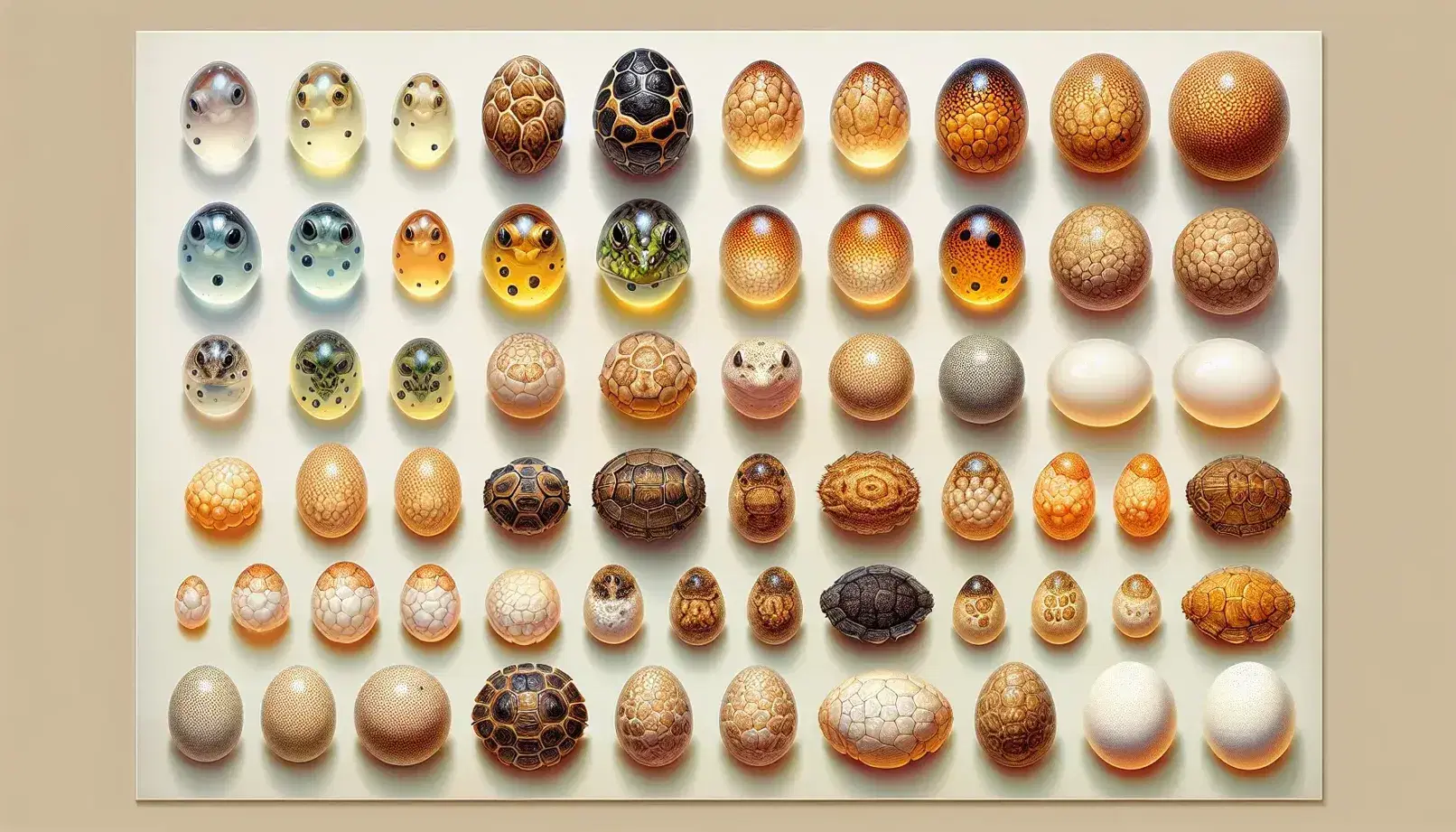 Diverse animal eggs arrayed in a grid, including translucent frog eggs, textured reptile eggs, iridescent fish eggs, speckled bird eggs, a large mammalian egg, shiny insect eggs, and bee larvae cells.