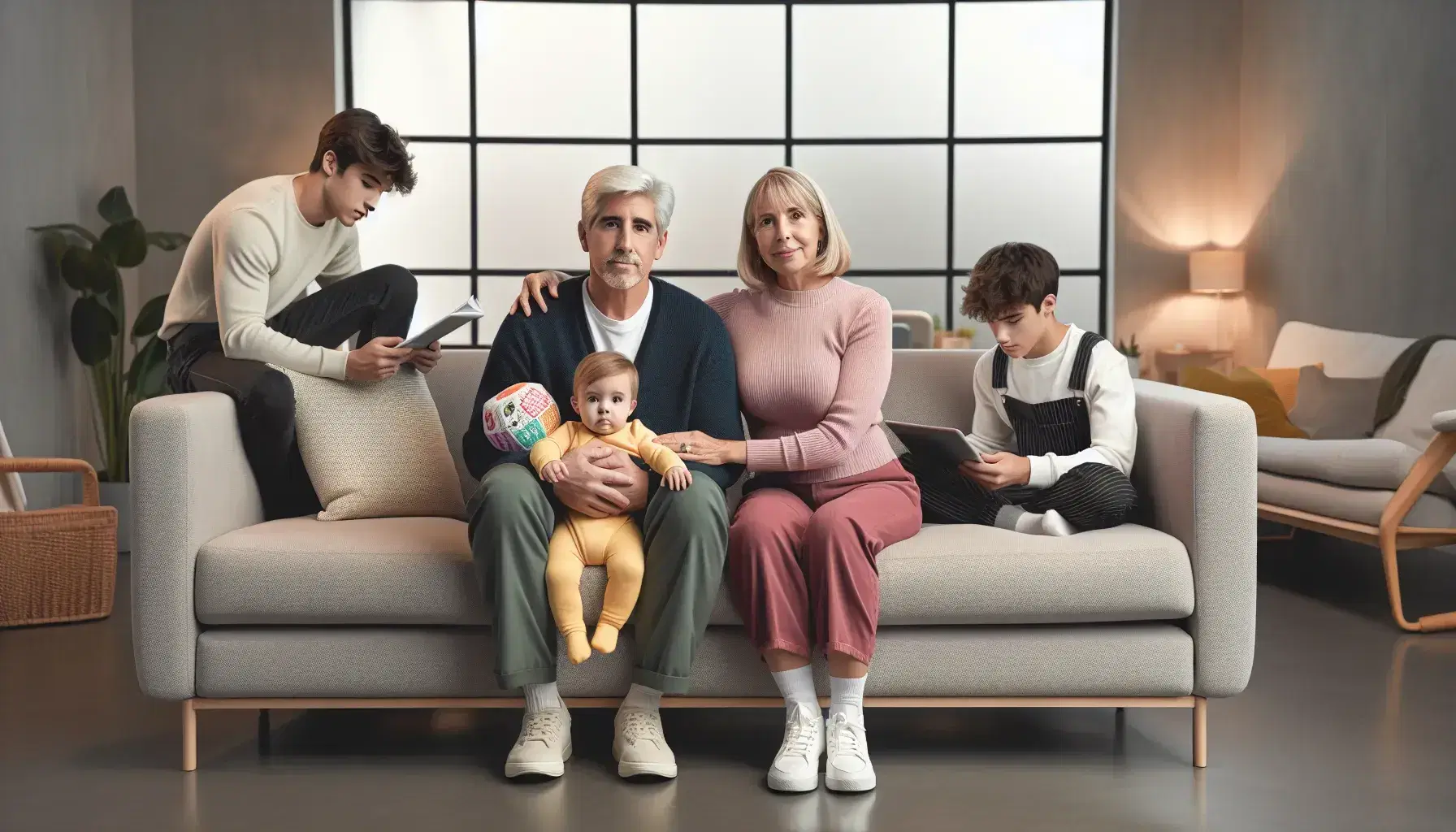 Multigenerational family in modern living room with beige sofa, elderly couple, woman with child, boy with tablet and photo without writing.