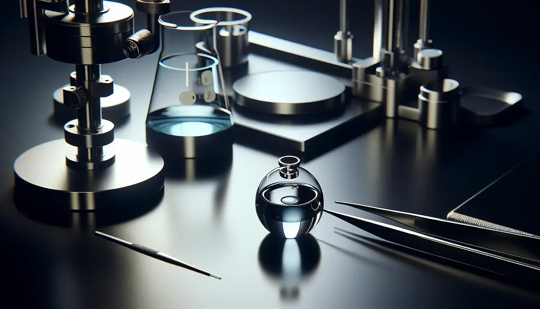 Close-up view of scientific lab equipment with beaker, flask with blue solution, tweezers holding metal object, and reflective optical component on stand.