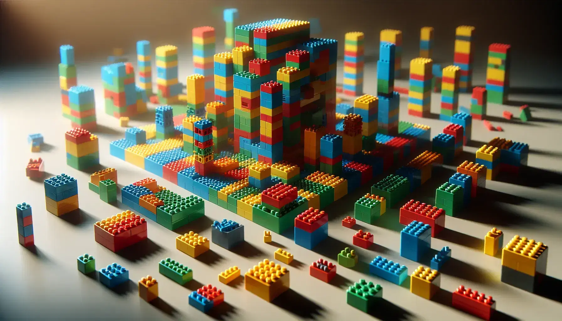 Bloques de construcción de plástico coloridos en proceso de ensamblaje sobre superficie lisa, con estructura tridimensional y sombras suaves destacando su forma.