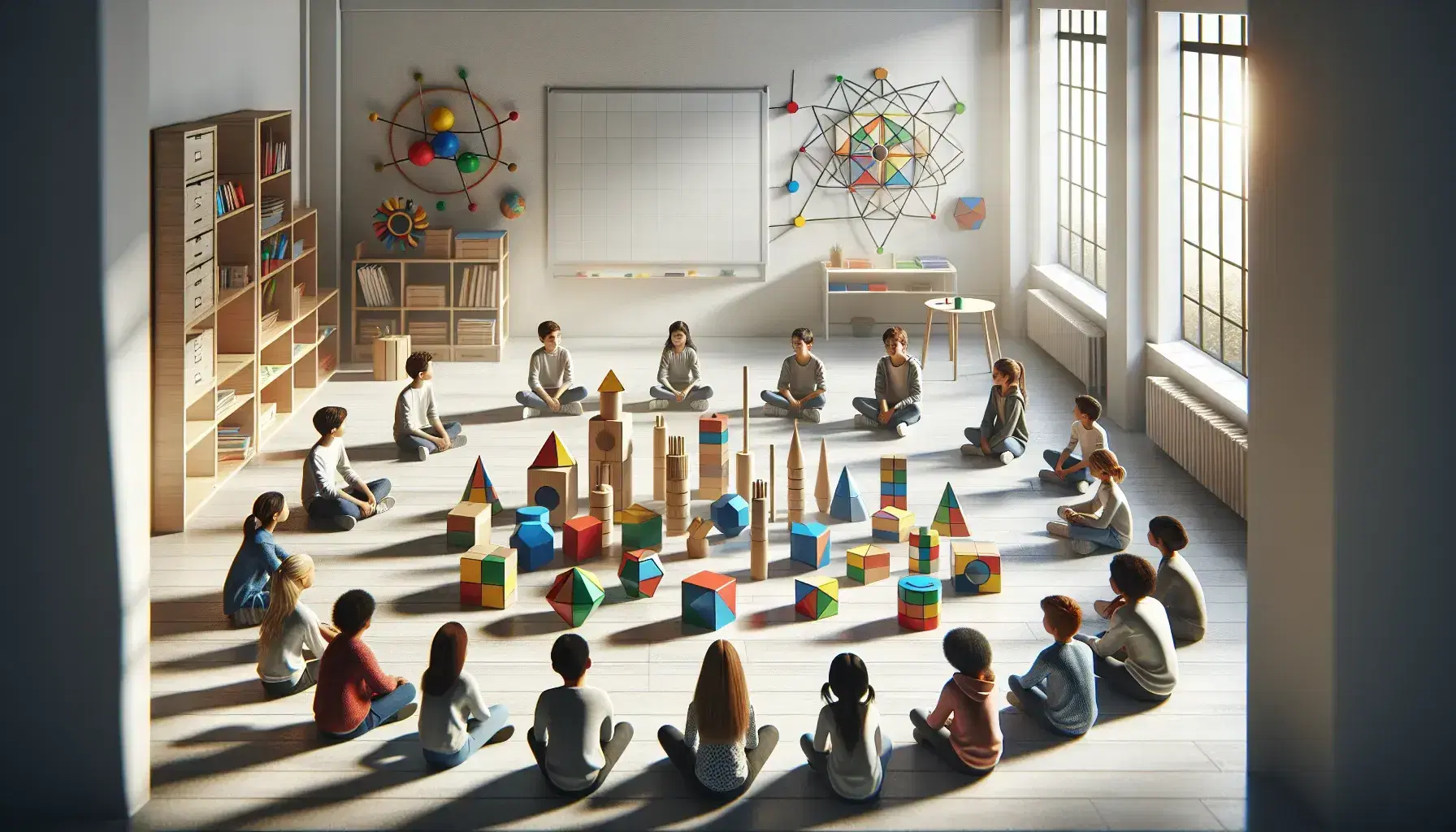 Estudiantes de diversas edades sentados en círculo en un aula iluminada, interactuando con bloques geométricos de madera coloridos mientras construyen estructuras.