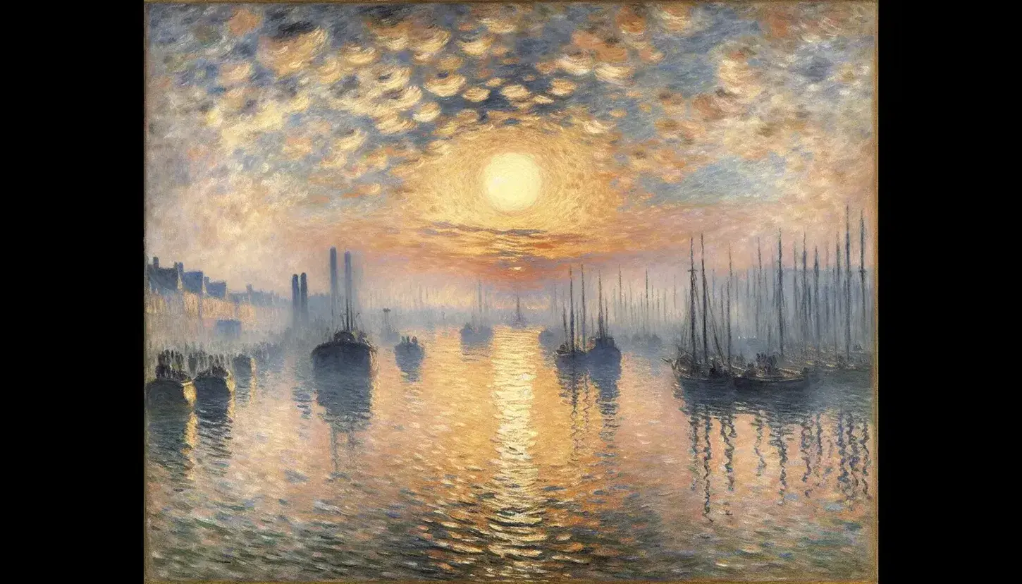 Riproduzione del quadro 'Impression, alba' di Monet con sole nascente, riflesso acque portuali e silhouette barche su sfondo di cielo sfumato.