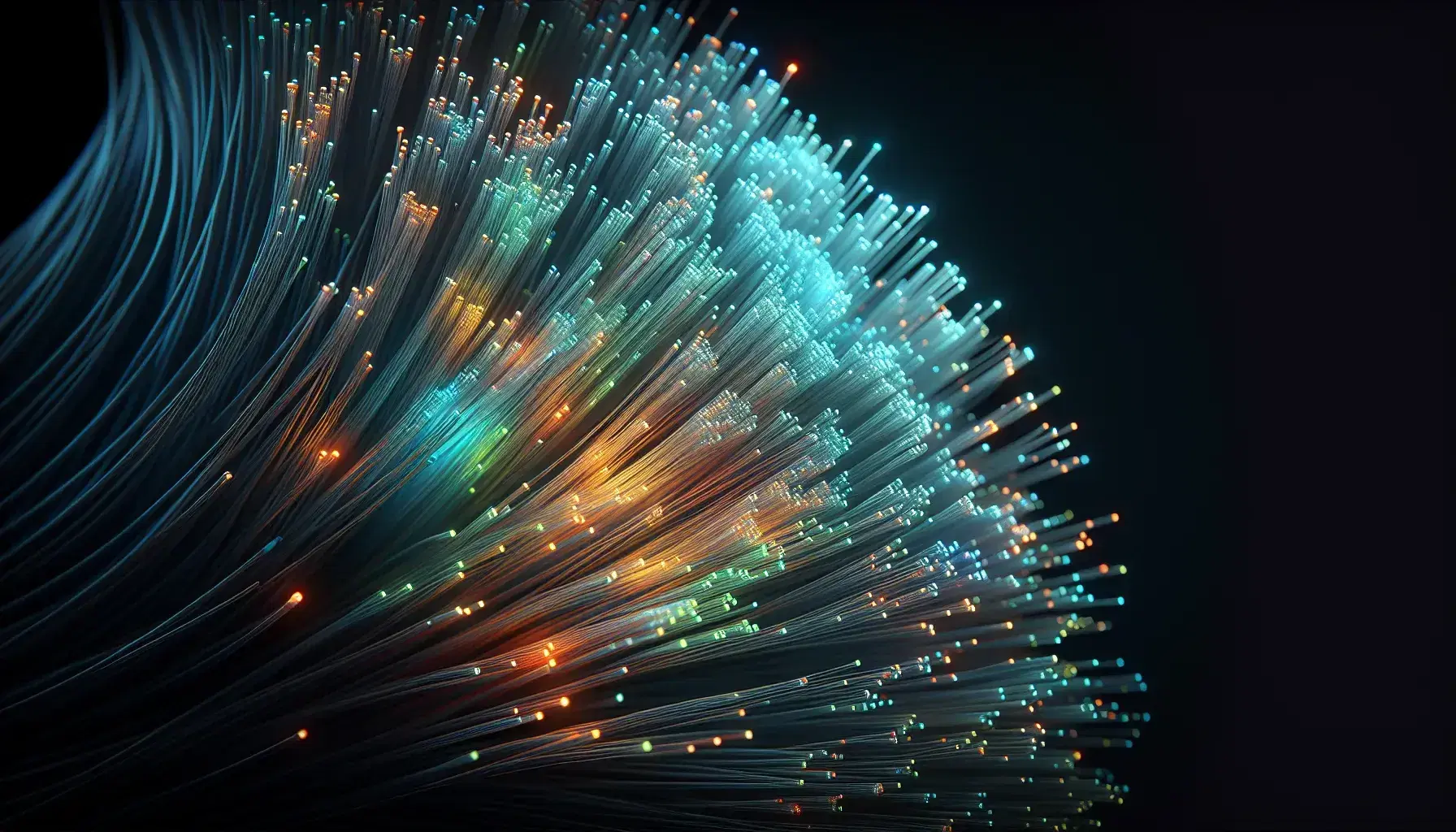 Vibrant fiber optic cables with glowing strands in blue, green, orange, and red hues showcase high-speed data transmission against a dark background.