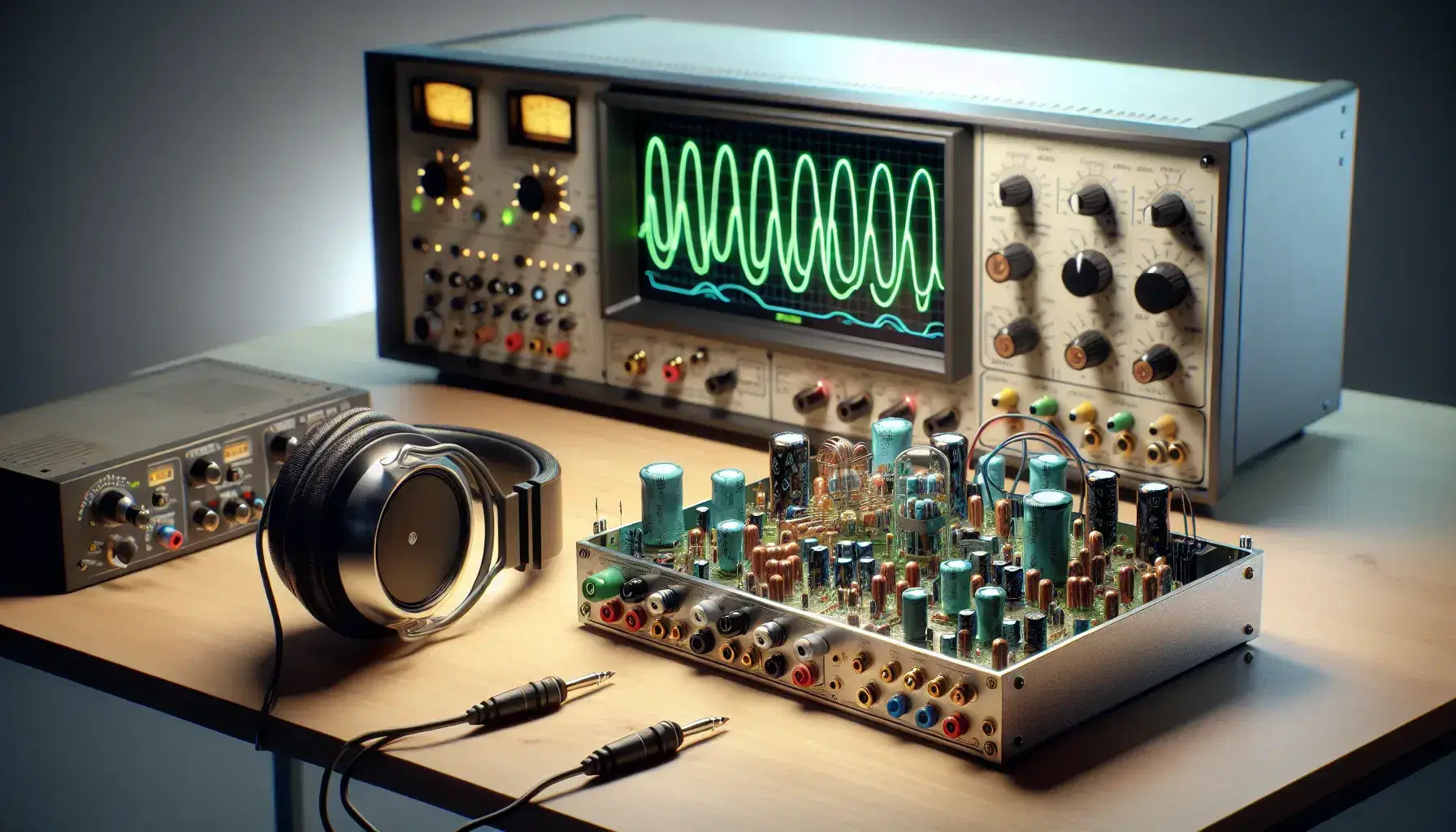 Banco tecnico illuminato con amplificatore audio aperto, componenti interni visibili, oscilloscopio attivo e cuffie professionali in primo piano.