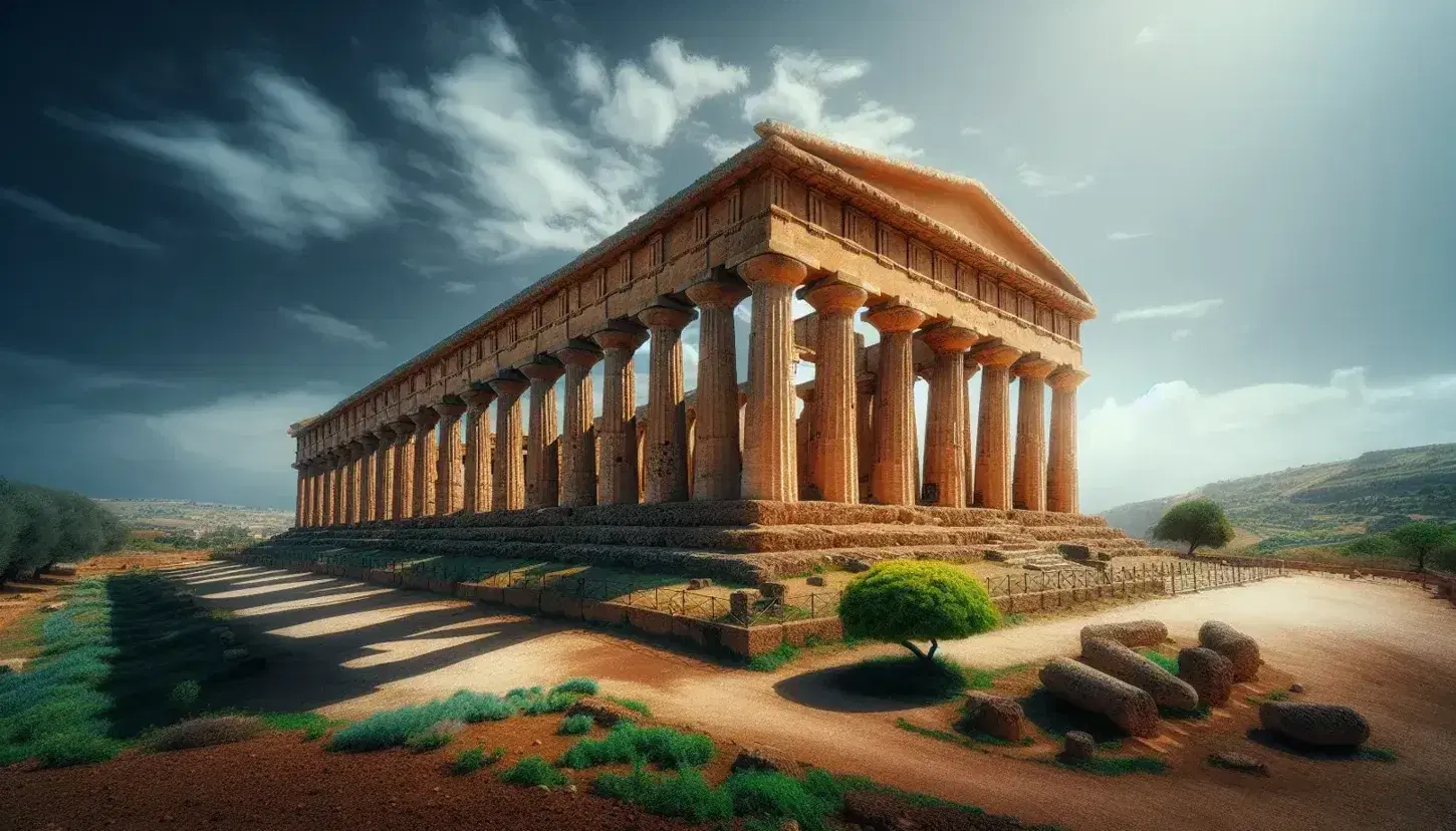 Tempio di Concordia nella Valle dei Templi di Agrigento, Sicilia, con colonne doriche e cielo azzurro, senza persone.