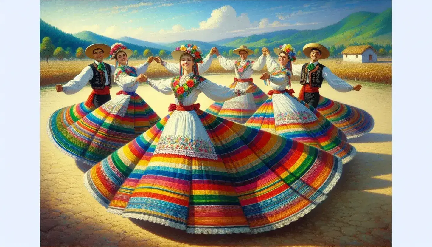 Grupo de cinco personas realizando danza folclórica en trajes tradicionales coloridos, con mujeres en faldas multicolores y hombres en chalecos bordados, en un entorno natural de montañas verdes.