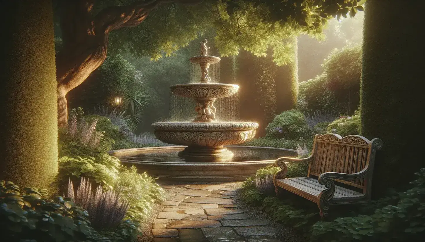 Serene classical garden with a marble fountain, wooden bench under an oak tree, colorful flowers, and a distant manor against a clear blue sky.
