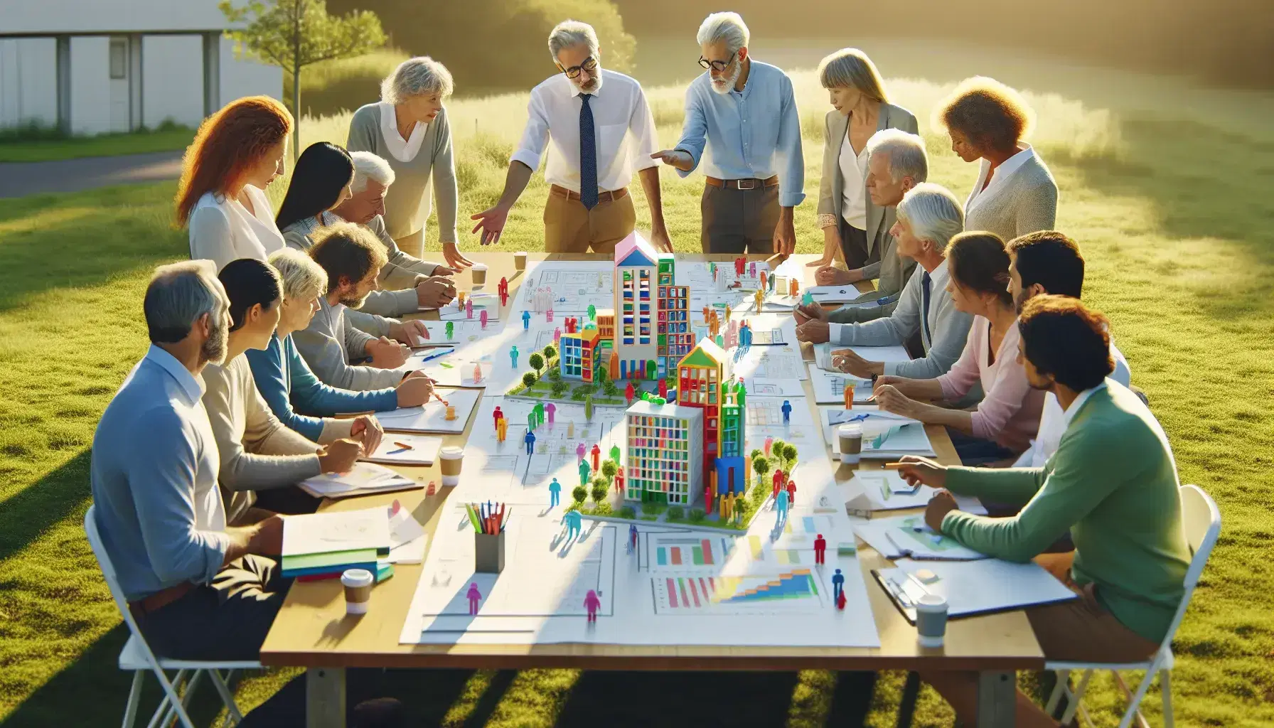 Grupo diverso de adultos en reunión al aire libre discutiendo un proyecto con modelo de edificio de bloques de colores y papeles en una mesa.