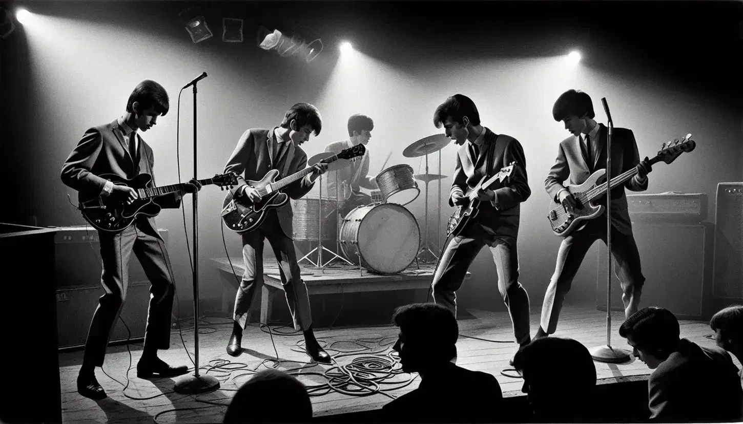 1960s rock band performs energetically on stage with guitarist, bassist, drummer, and vocalist in vintage suits, reflecting Mersey Beat era.