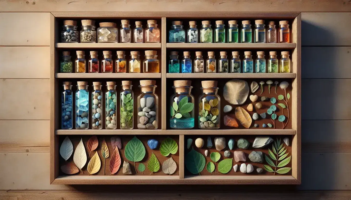 Estante de madera con colección de piedras coloridas, hojas verdes variadas, frascos con líquidos de colores y figuras geométricas sólidas.