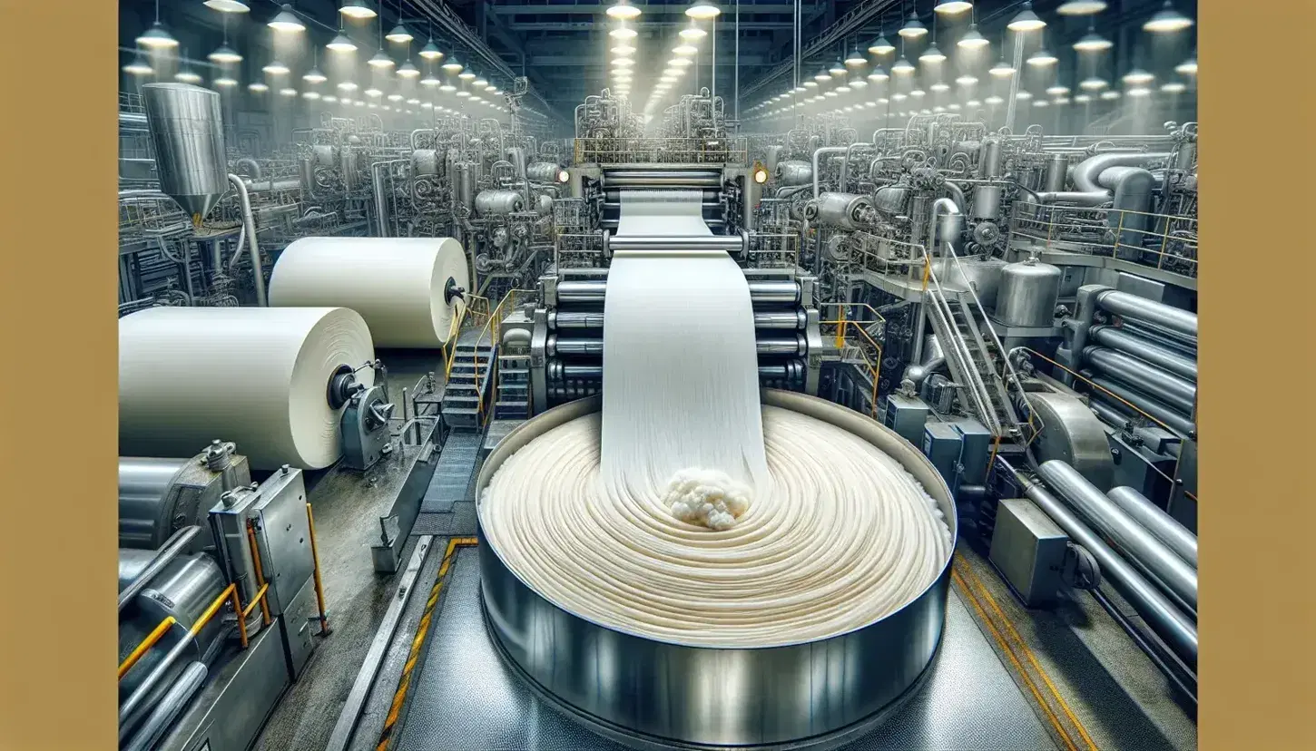 Scena industriale di produzione carta con macchinari, operai, rulli metallici e bobine di carta impacchettate.