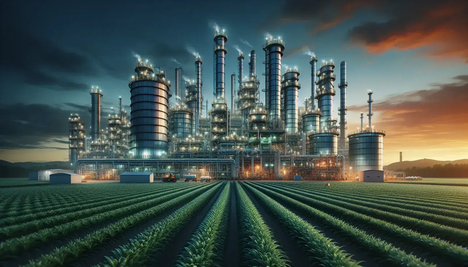 Industrial plant at dusk with cylindrical steel structures and pipe network, contrasting with green agricultural field in the foreground.