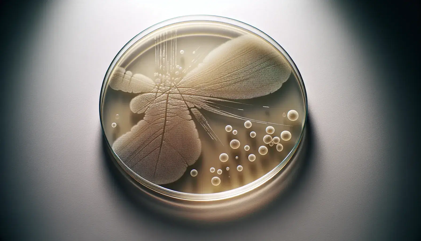 Primer plano de una colonia bacteriana irregular en medio de cultivo beige en placa de Petri transparente sobre superficie blanca.