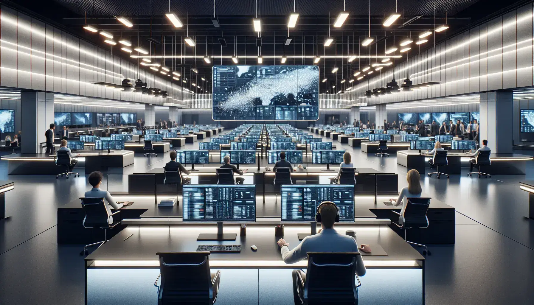 Sala de redacción moderna con filas de escritorios y computadoras, pantalla digital de datos, periodistas trabajando y luz suave.