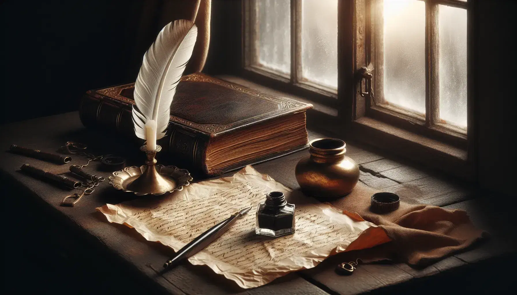 Scrivania antica in legno scuro con calamaio in ottone, penna d'oca bianca, libro rilegato in pelle, candela semiconsumata e foglio di pergamena.