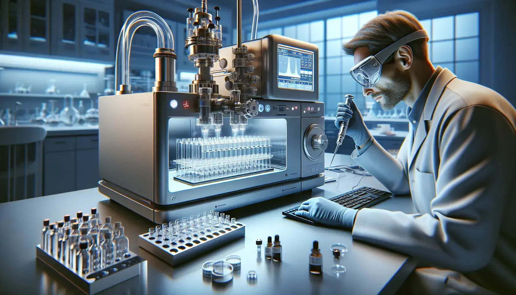 Scientist in modern analytical chemistry laboratory operates an inductively coupled plasma mass spectrometer, with vials and pipette on the bench.