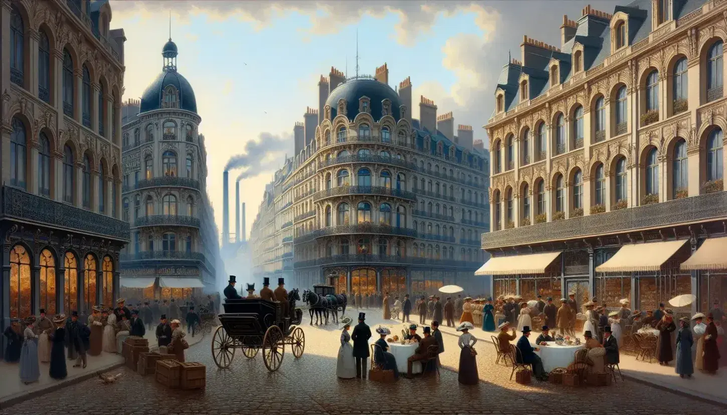 Scena vivace di strada cittadina Belle Époque con edifici Beaux-Arts, persone eleganti, carrozza a cavalli e caffè esterno.
