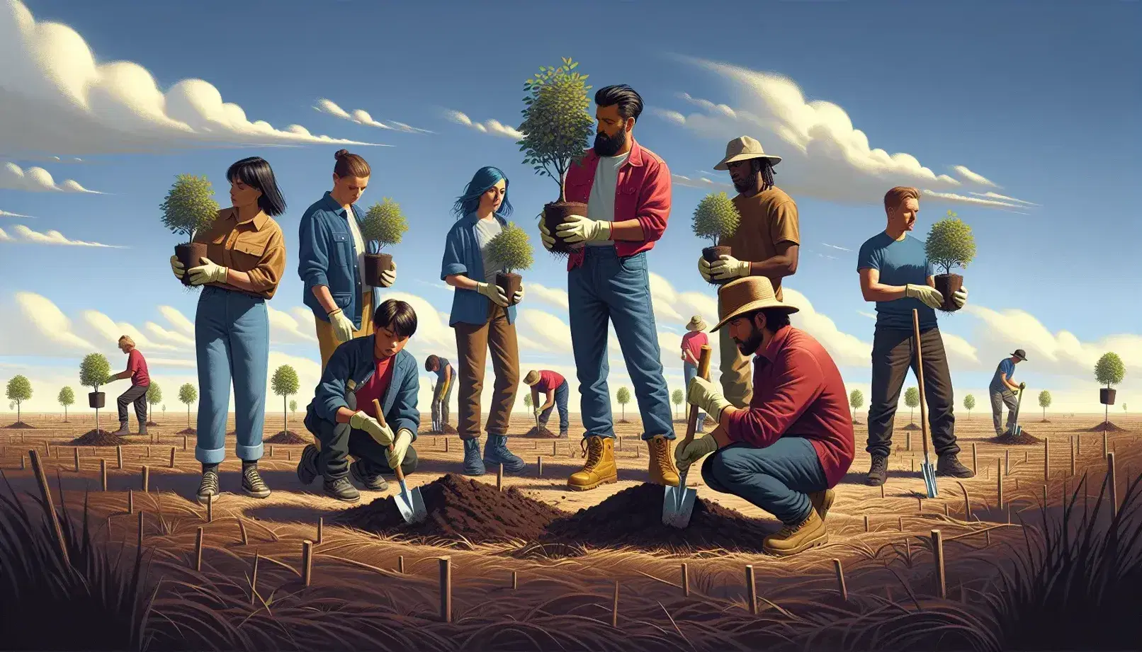 Diverse group planting trees in a sunny field, with clear blue sky overhead, wearing casual clothes and using gardening tools to enrich the soil.