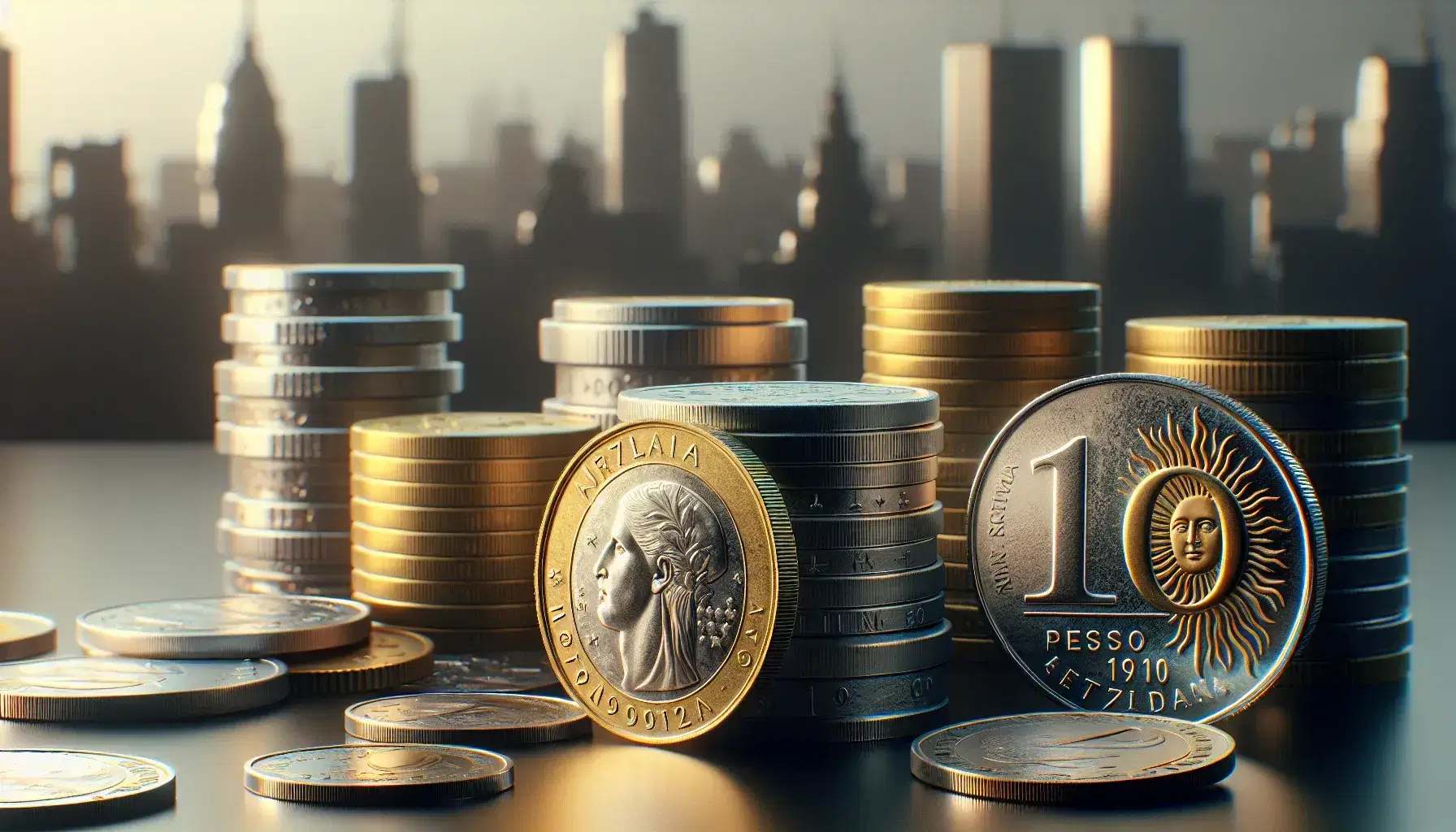 Monedas argentinas apiladas con perfiles históricos y emblemas nacionales sobre superficie lisa, con fondo urbano desenfocado.
